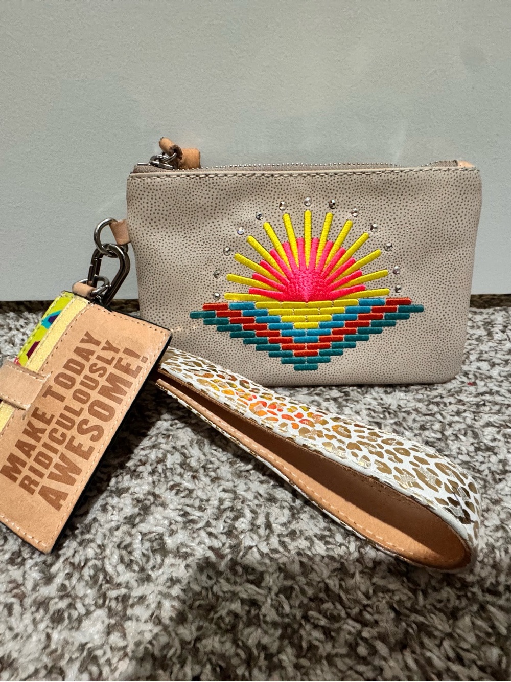 Consuela Beige Wristlet with Colorful Embroidered Sunburst